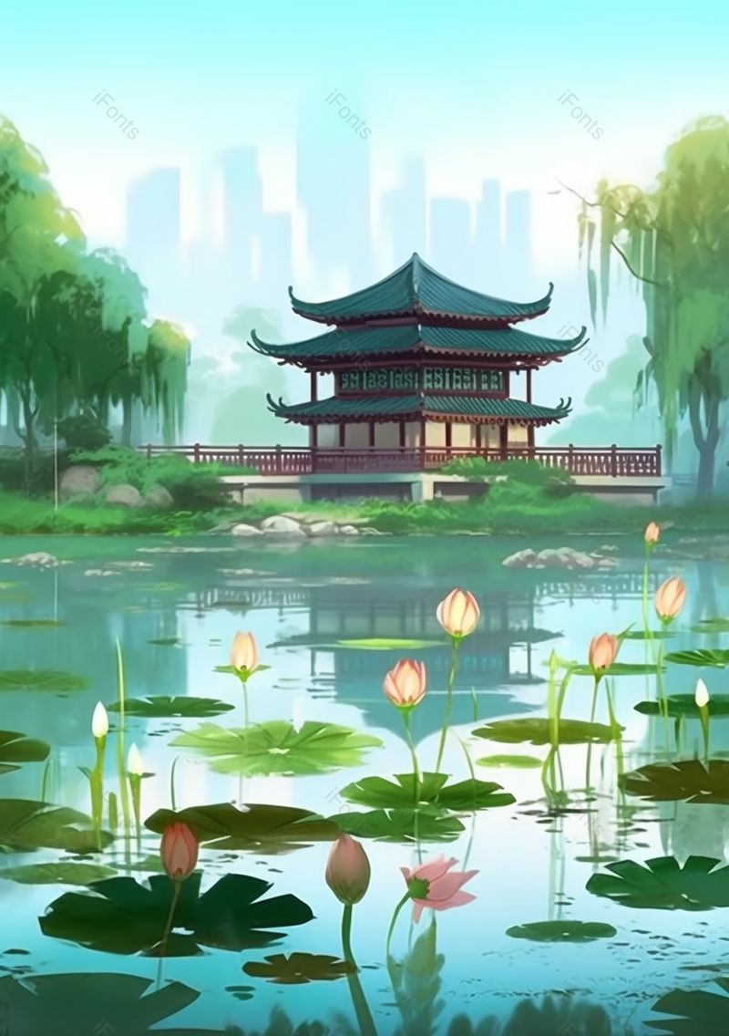 绿色清新古建筑城市荷花插画背景,插画/手绘图,插画/手绘图库,插画/手绘图下载,插画/手绘